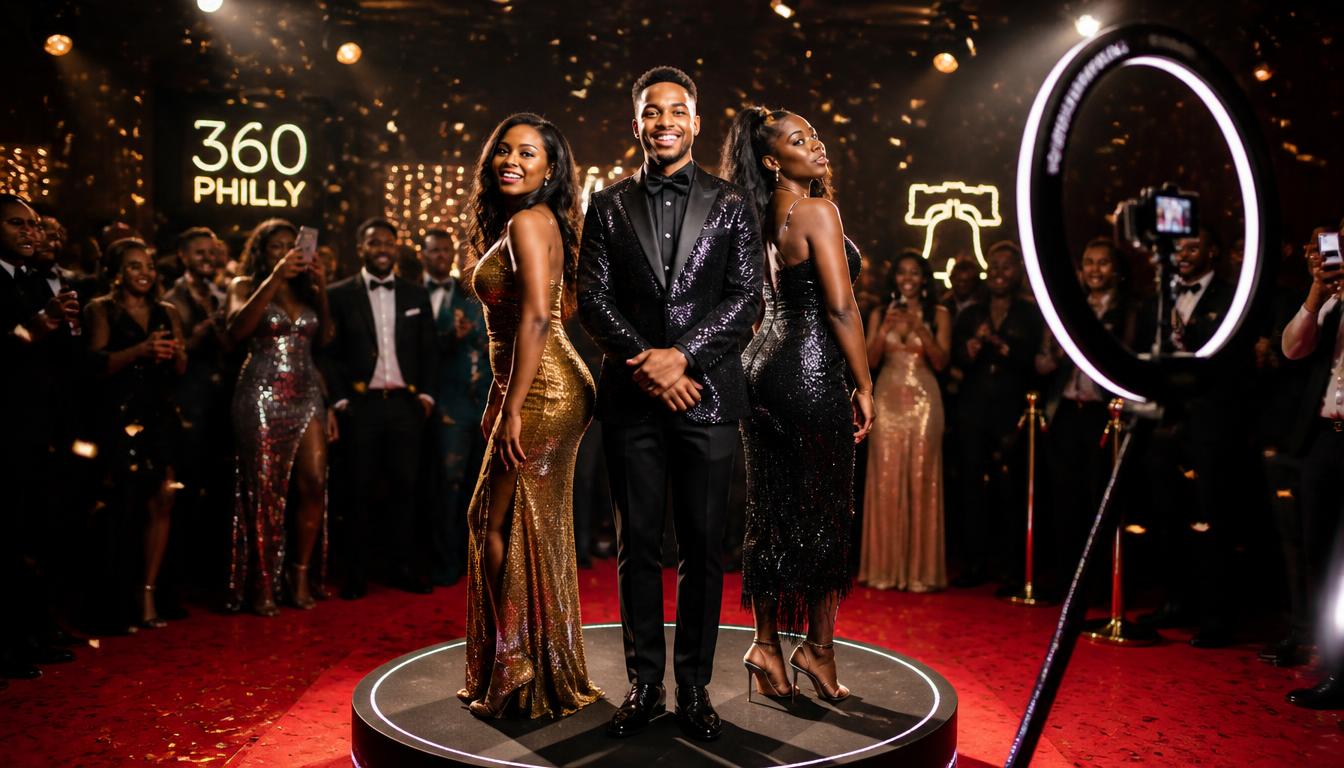 Guests enjoying a 360 photo booth on a red carpet with ring lighting